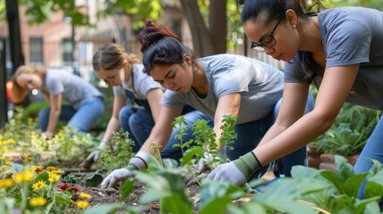Volunteers repairing a community garden, teamwork, urban setting, photorealistic, vibrant colors, inclusive and positive