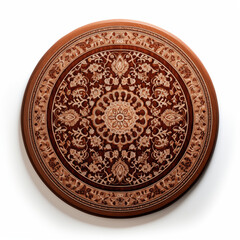 Naklejka premium Intricately Designed Round Wooden Tabletop with Floral Patterns and Rich Brown Finish
