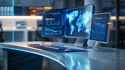 Fototapeta premium Futuristic workspace with holographic screens displaying complex data, electronic devices seamlessly integrated into the desk