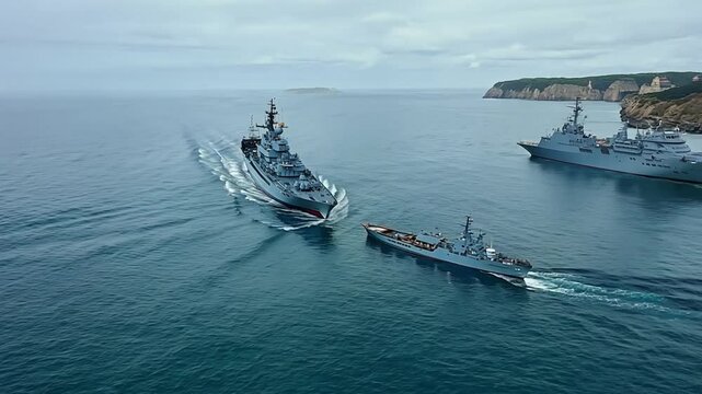 Aerial image of the navy ships in a marine bay with a fishing boat