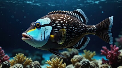 close-up of Triggerfish, cinematic, deep sea background, bokeh high detail