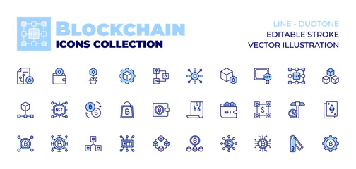 Blockchain icons collection. Line icons, doutone style, editable stroke, vector illustration. nft, blockchain, exchange, shopping bag, cryptocurrency, wallet, smart contract, smart contracts.