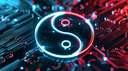Fototapeta premium Futuristic depiction of yin and yang symbols made from interconnected circuitry and neon lights, symbolizing balance in a high-tech world