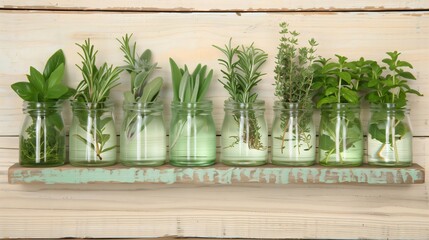 Variety of fresh culinary herbs are displayed in glass jars on a rustic shelf, providing flavor and fragrance for cooking