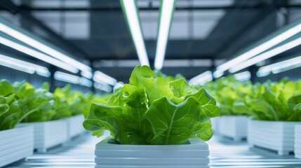 Futuristic greenhouse with advanced hydroponic systems, glowing LED lights, and lush plant growth, creating a high-tech agricultural environment