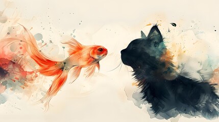 Naklejka premium Watercolor painting of a goldfish and a cat.