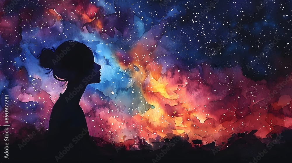 Poster Woman Silhouette Against A Galaxy Watercolor Painting.