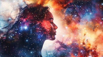 Woman Silhouette In A Starry Sky.