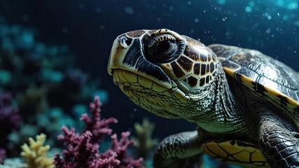 Fototapeta premium close-up of Turtle, cinematic, deep sea background, bokeh high detail