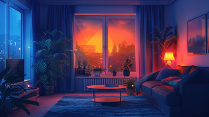 A cozy living room illuminated by sunset light, featuring a city view through large windows, with plants and comfortable seating.