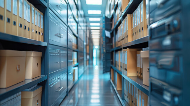 A long corridor filled with organized files and storage boxes in a modern archive or office setting.