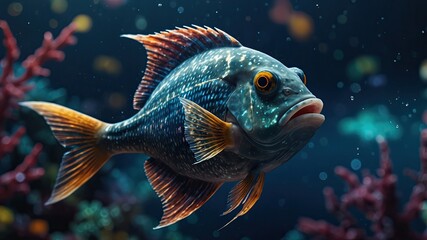 Fototapeta premium close-up of Unicorn Fish, cinematic, deep sea background, bokeh high detail