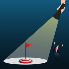 Hand holding a flashlight helping businessman finding the red flag target design vector illustration