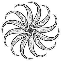 Round spiral decor. Abstract circular swirl shape with curved rays. Black and white linear silhouette.