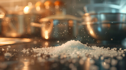 Salt Crystals Falling on Kitchen Counter in Warm Light 