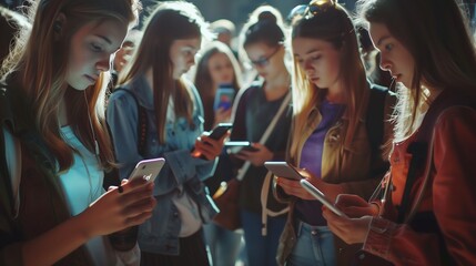 A group of young people stand on a city street, all engrossed in their smartphones, reflecting on the growing reliance on digital communication.