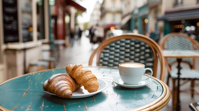 Sidewalk cafe table with a cappuccino and a croissant in a European city