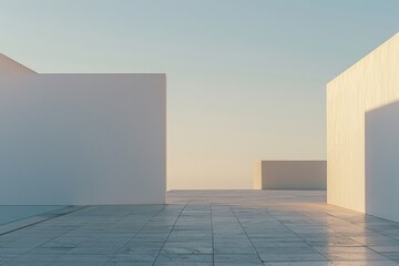 architecture wall art, blank bright white wall on the left, pale white blank wall on the right, sunset sky, light shadows 