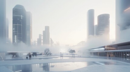 Fototapeta premium Nearby is a spacious, modern square, and in the distance is futuristic urban architecture, cinematic, white atmosphere, 3D rendering 