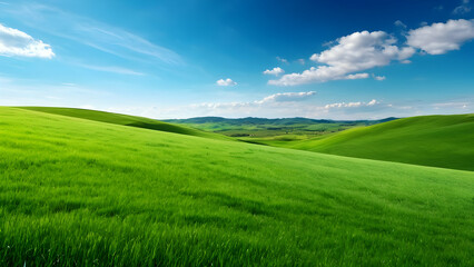 Fototapeta premium Scenery beautiful of green field with blue sky green grass fields on small hills and blue sky suitable for wallpaper and background illustration