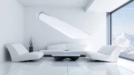 Space-age living room with sleek, futuristic furniture arranged in a geometric pattern, showcasing cutting-edge design and innovation