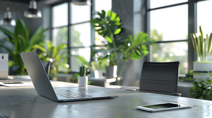 Fototapeta premium Illustration of business open green modern office daytime daylight. Working culture chill happy enjoy workplace work life balance plant green interior sustainable design contemporary sustainability