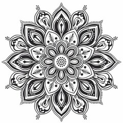 Black line mandala with floral and leaf patterns radiating symmetrically on white