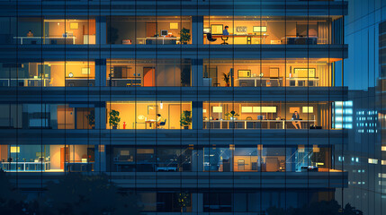 image of modern office building at night, business working late overtime work illustration cartoon, stress overwhelmed busy anxiety high pressure 