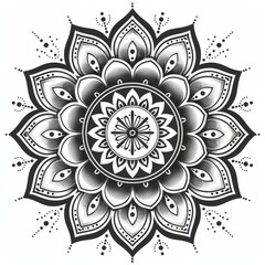 Black line mandala with symmetrical floral motifs and fine details on white