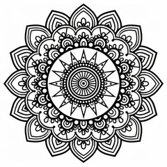 Black line mandala with symmetrical floral motifs and fine details on white
