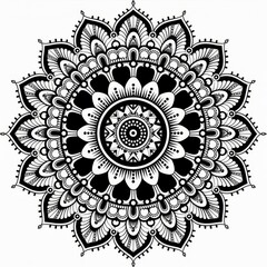 Black line mandala with symmetrical floral motifs and fine details on white