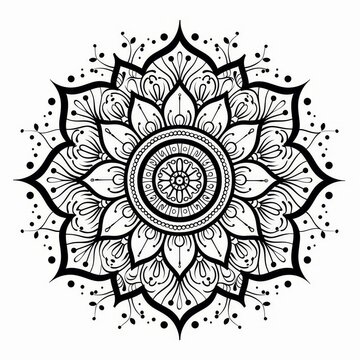 Black line mandala with symmetrical floral motifs and fine details on white