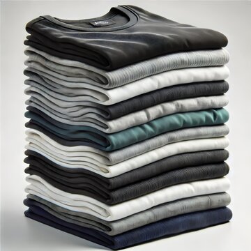 This image features a perfectly organized stack of neatly folded t-shirts in various shades, creating a visually appealing gradient
