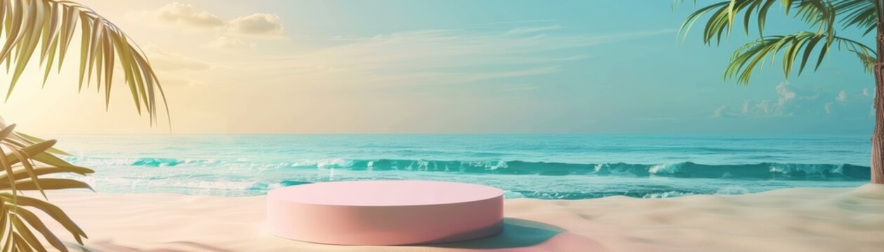 A pink podium on a sandy beach with turquoise ocean waves and palm trees for product display.