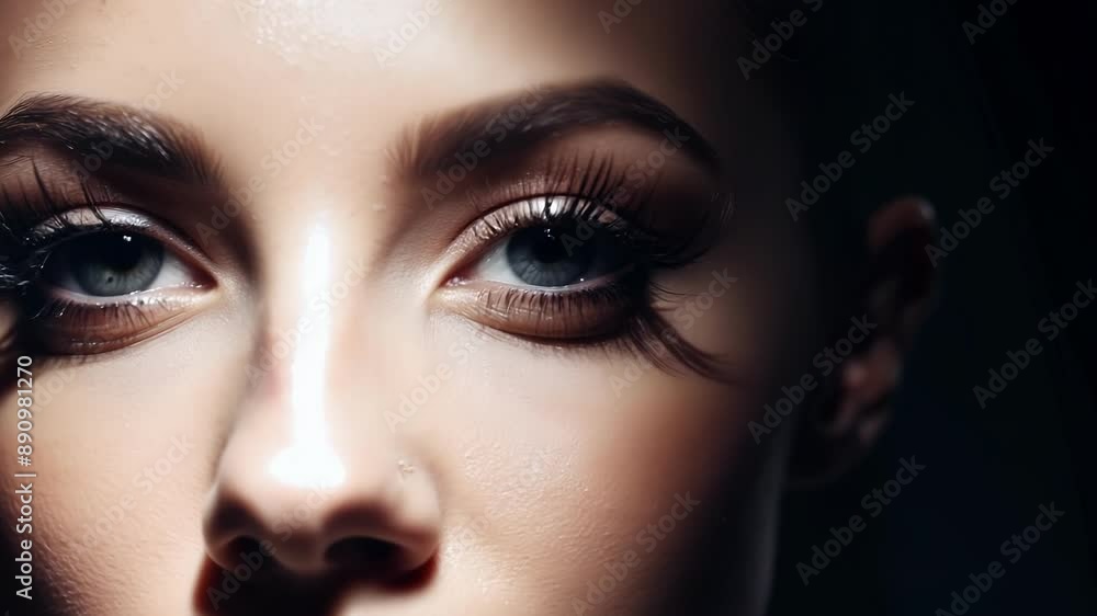 Poster closeup of a female models eyes one eye illuminated by a bright light source while the other remains