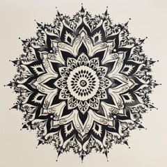 Symmetrical mandala with intricate black line detailing and radial symmetry on white