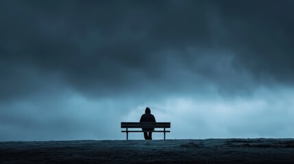 Obraz premium Solitary Figure Sitting on a Bench Under a Dark Cloudy Sky in a Desolate Landscape