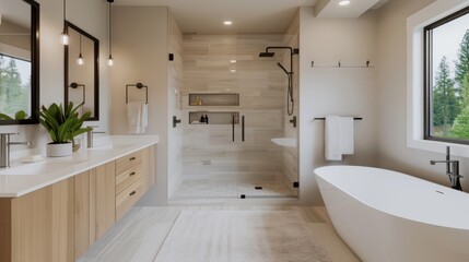Modern Luxurious Bathroom with Freestanding Tub and Walk-In Shower in Contemporary Home