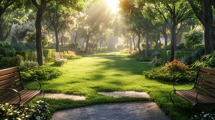 Fototapeta premium A grass lawn with a picturesque tree-lined pathway leading to a cozy garden bench.