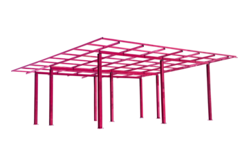 Structure of brown, red steel for building construction isolated on cut out PNG or transparent background. Steel framing and beams structural elements for new building against for small residences.