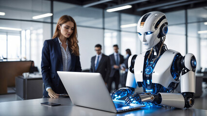 Robot working on laptop in office with female employee on the side, fearing that she will lose her job. Artificial intelligence replacing humans, impact of AI technology at work, modern social issue