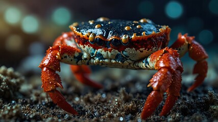 close-up of Velvet Crab, cinematic, deep sea background