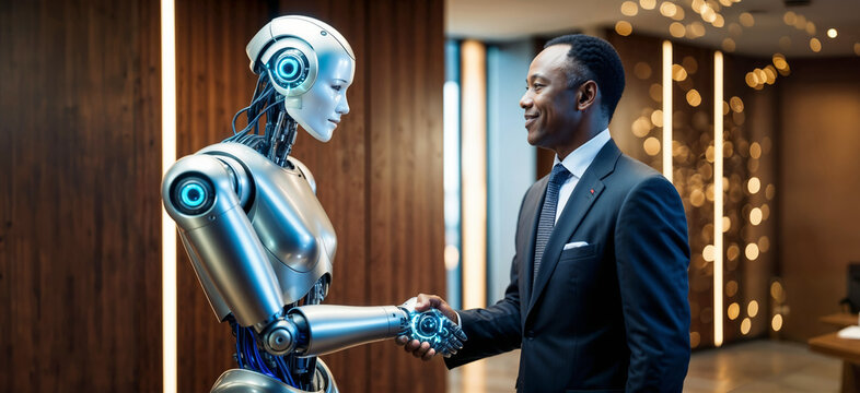 Middle aged African business man shaking hands with robot, concept of cooperation between person and AI mechanism, using technology for increased productivity in business, human and machine as team