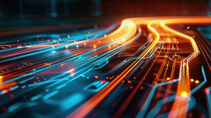 An abstract digital illustration of interconnected circuits and pathways forming a highway, with bright light trails signifying the flow of information across the internet