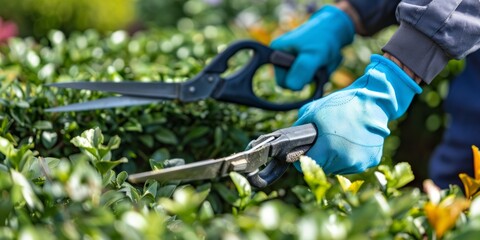 Obraz premium Close-up of Hands Trimming a Bush with Pruning Shears