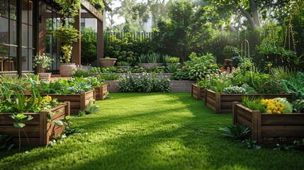 A grass lawn with a vibrant vegetable garden featuring neatly arranged raised beds.