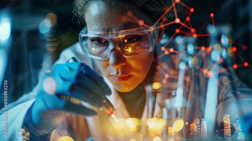 Aufkleber scientist wearing goggles and gloves, conducting an experiment in a laboratory setting with molecula