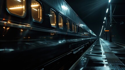 cinematic, studio ortogonal side view shot of an Amtrak train all in black at night on the rails