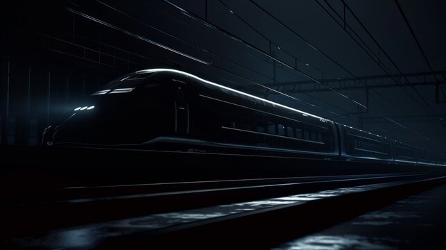 cinematic, studio ortogonal side view shot of an Amtrak train all in black at night on the rails