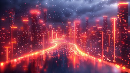 Fototapeta premium Vector illustration urban architecture, cityscape with space and neon light effect. Modern hi-tech, science, futuristic technology concept. Abstract digital high tech city design for banner